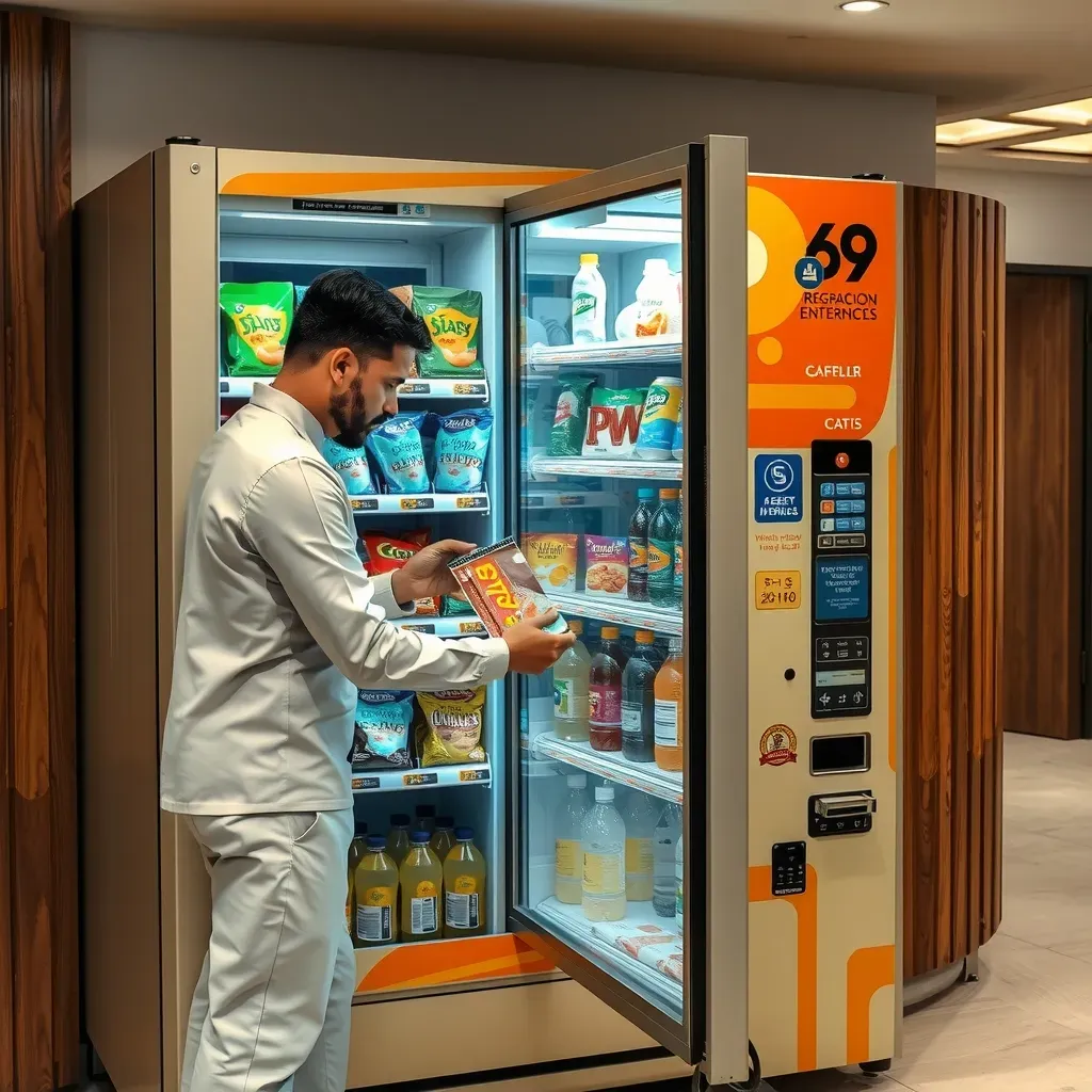 Technician restocking snack packets and bottled drinks into an open combo vending machine in an Indian office lobby