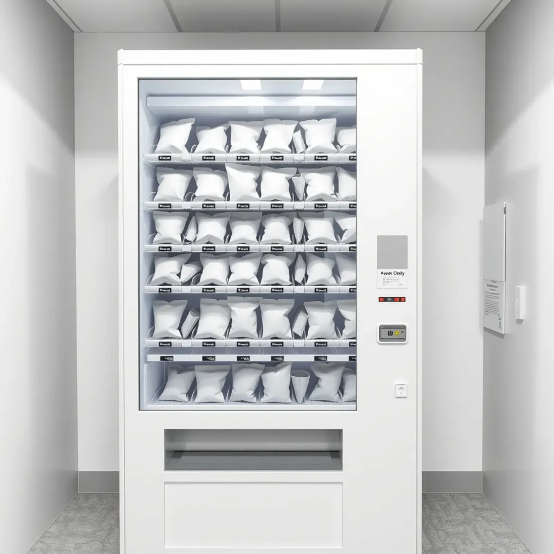 Modern snack vending machine in a bright Indian office pantry with rows of plain packets in spiral coils behind a glass front