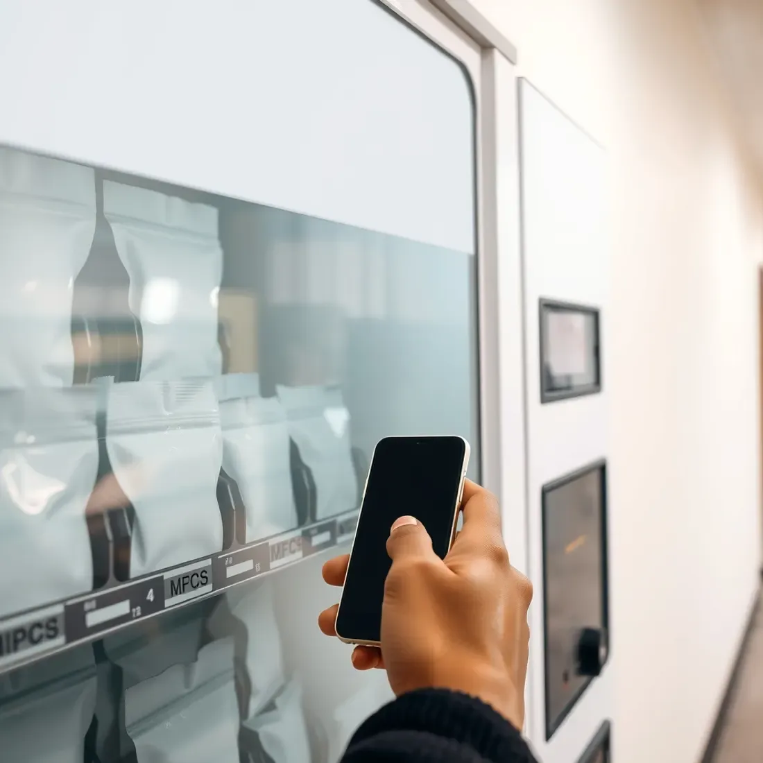 Young Indian student paying by phone at a snack vending machine in a college corridor, holding the phone up near the payment panel