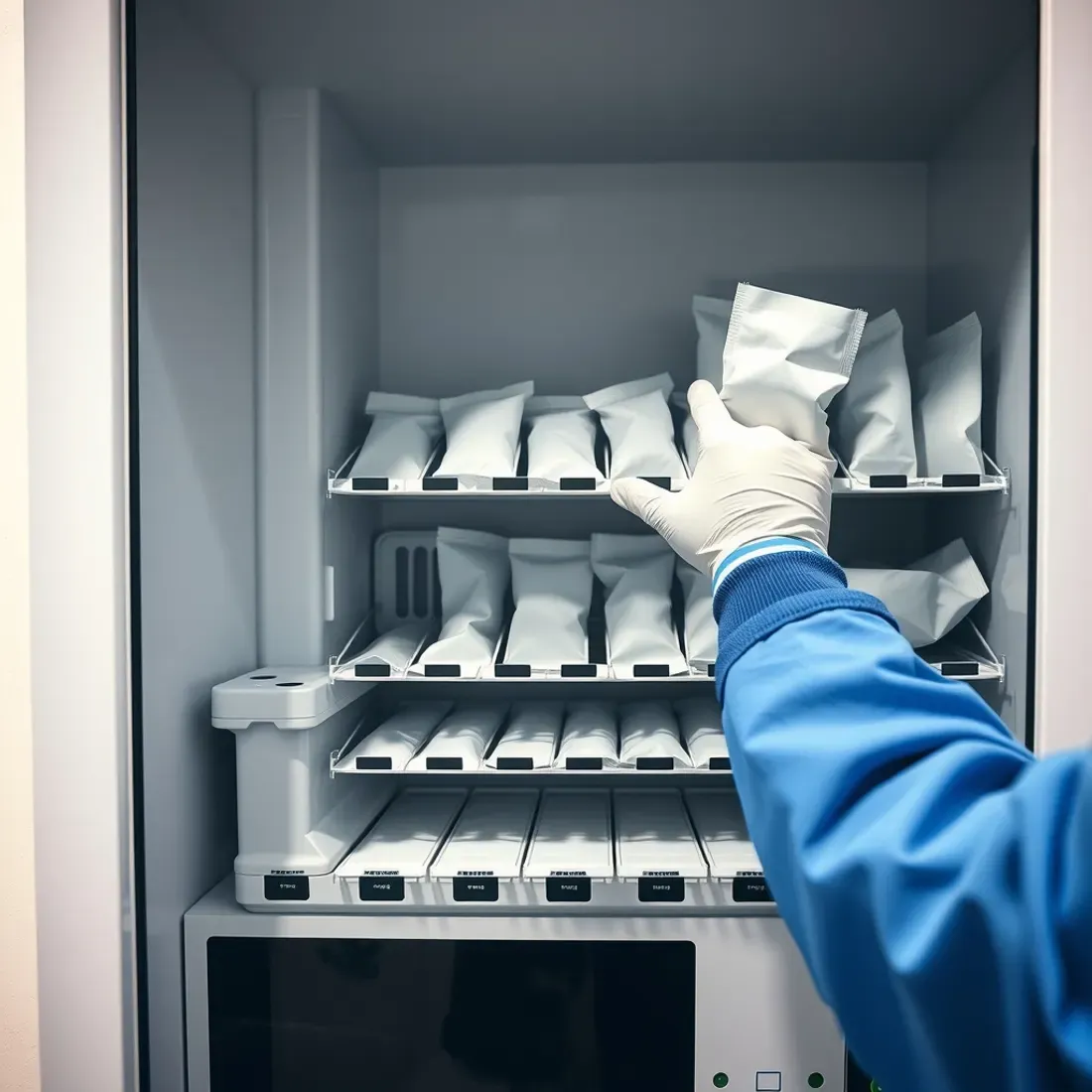 Technician loading plain packets onto a coil shelf inside an open snack vending machine during a restocking visit