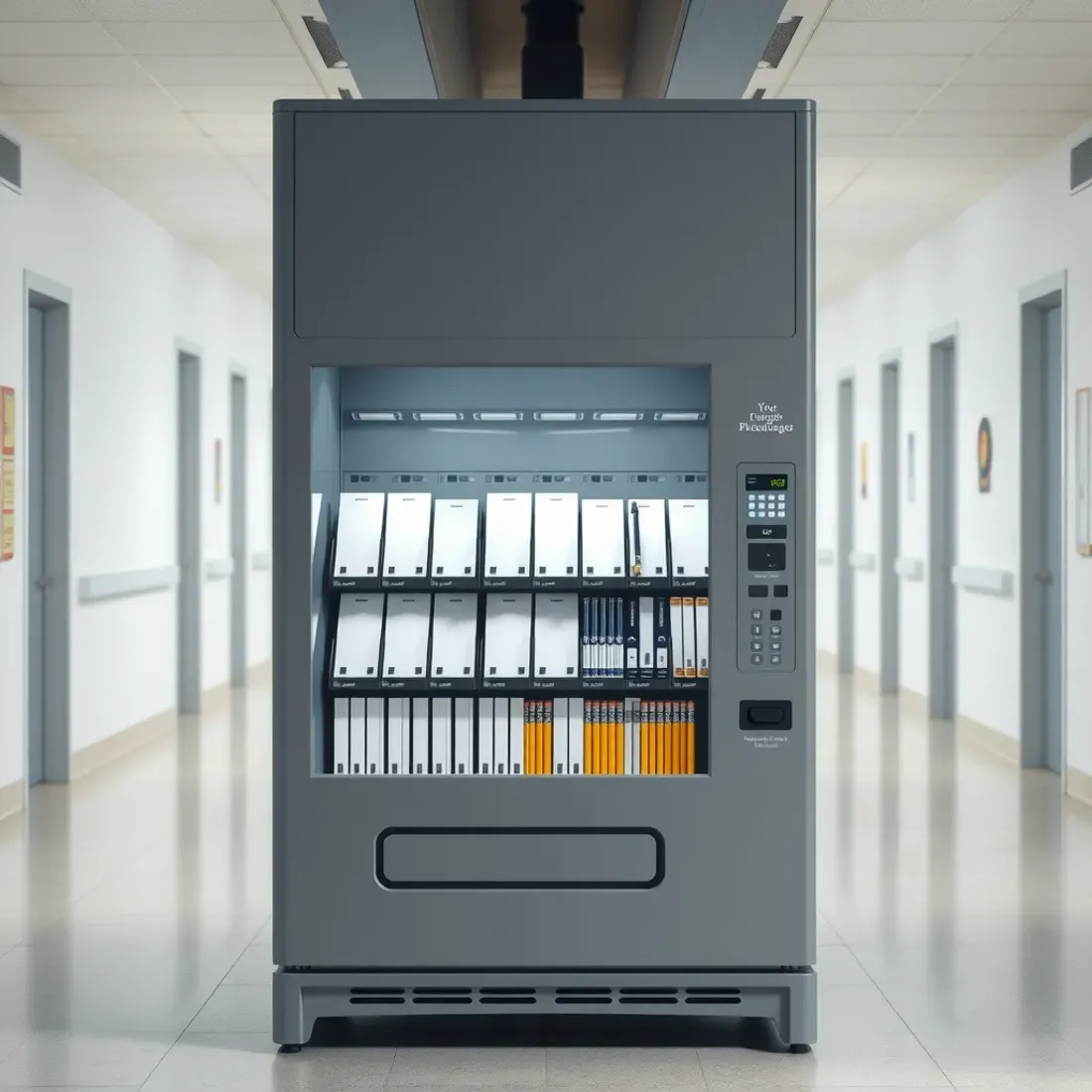 Stationery vending machine in an Indian college corridor stocked with plain notebooks, pens and pencils