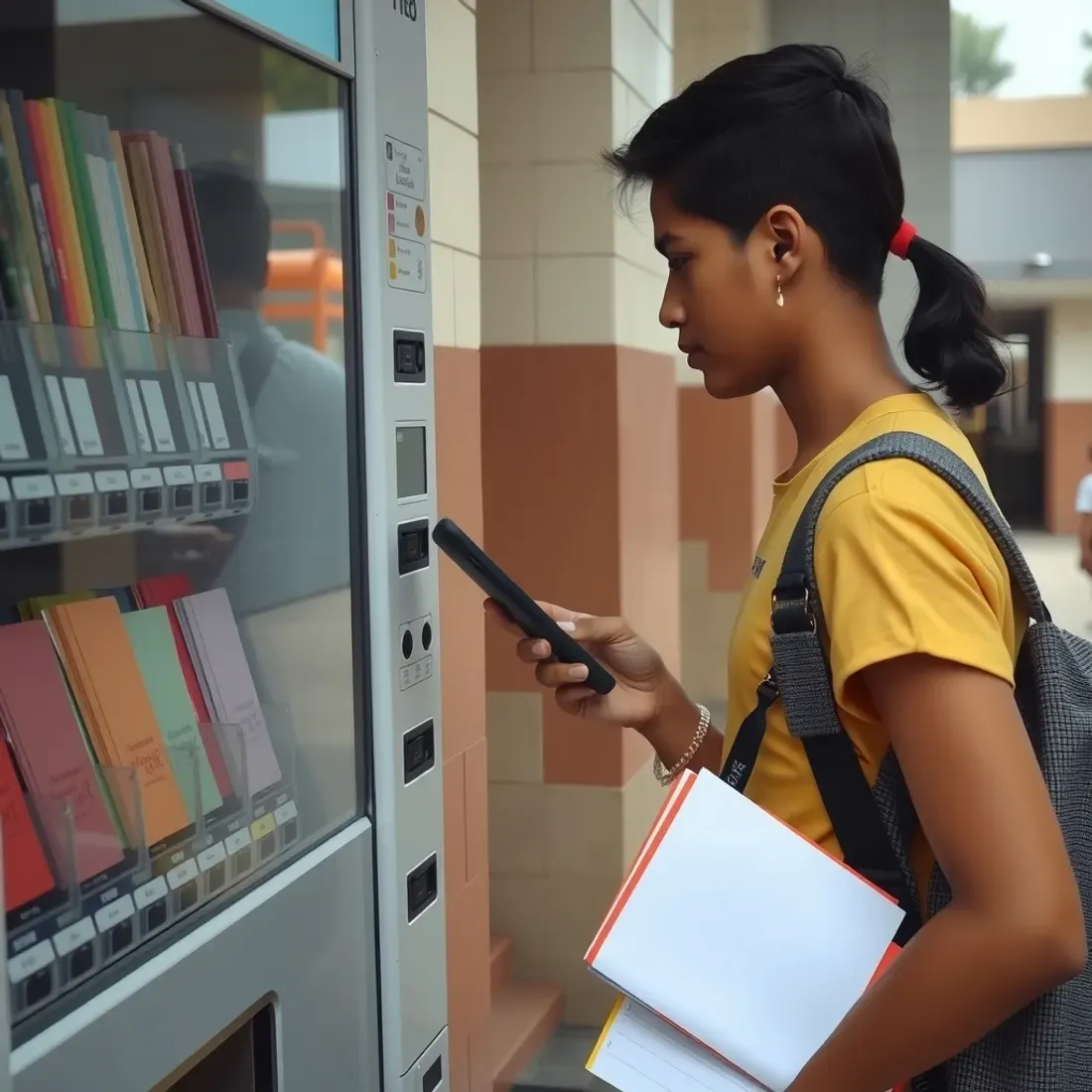 Indian student paying by UPI QR code at a stationery vending machine near a school library entrance