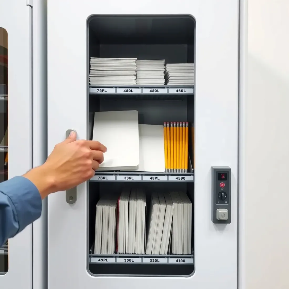 Staff member refilling an open stationery vending machine with plain notebooks and pens inside an Indian office pantry