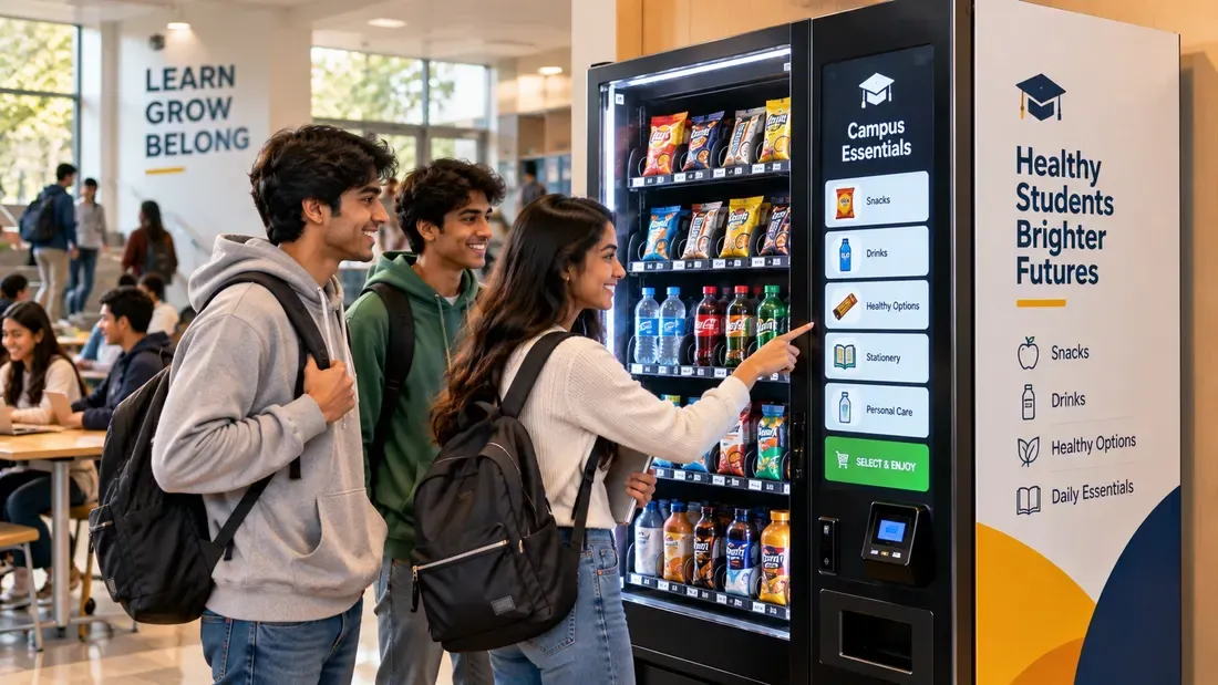 Technician refilling tea and coffee premix canisters inside an open hot beverage vending machine on an Indian campus
