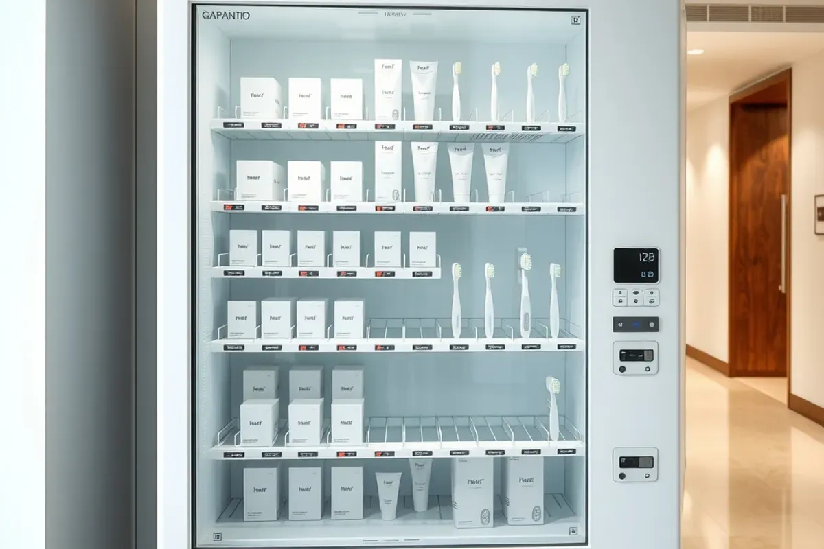 Modern toiletry vending machine in a hotel corridor stocked with toothbrushes, small tubes and combs in plain packs