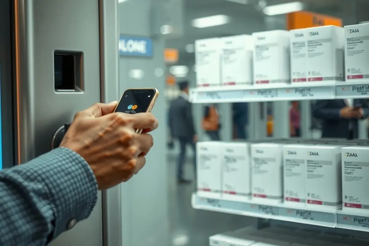 Traveller paying by UPI on a phone at a toiletry vending machine in a busy railway station concourse