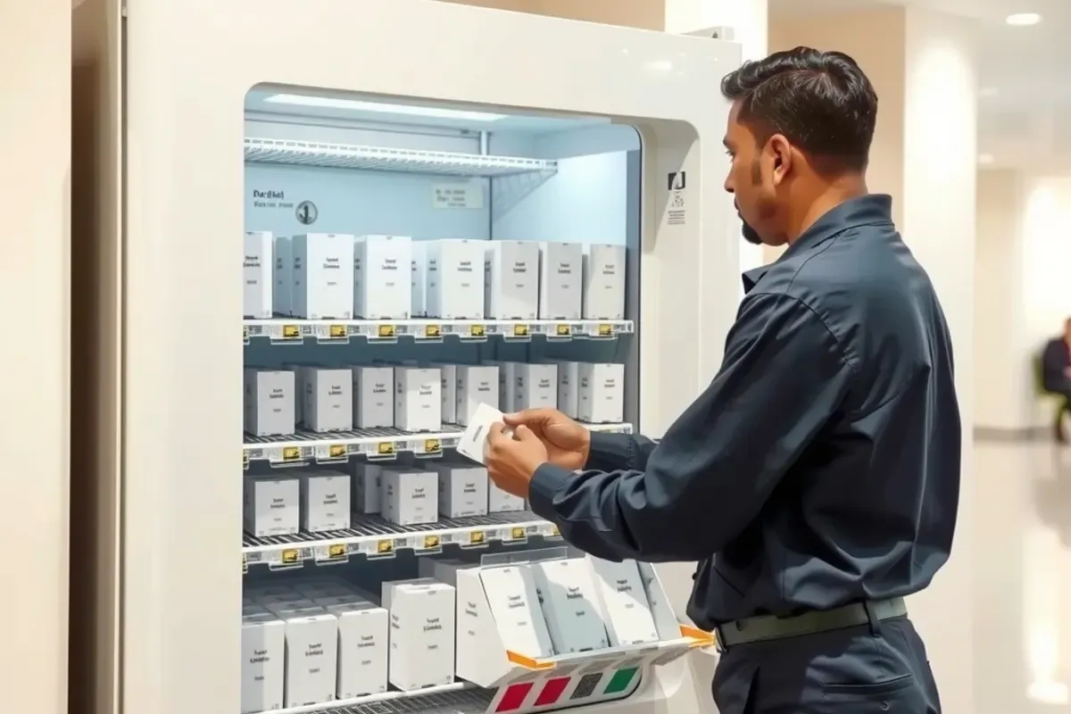 Technician restocking toothbrushes and small toiletry packs into an open vending machine in a hostel lobby