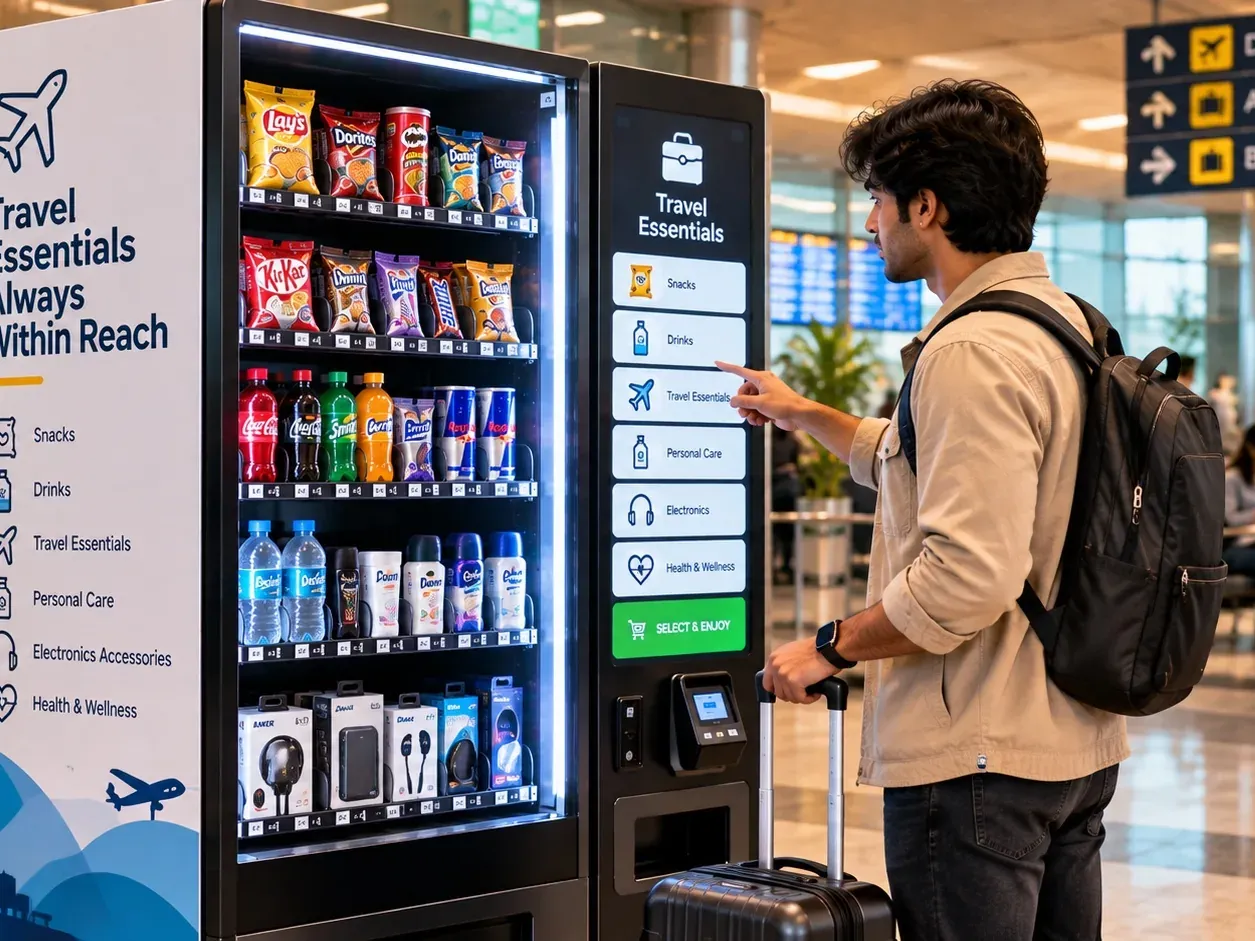 A traveller with luggage buys from a travel-essentials vending machine near airport departure signs.