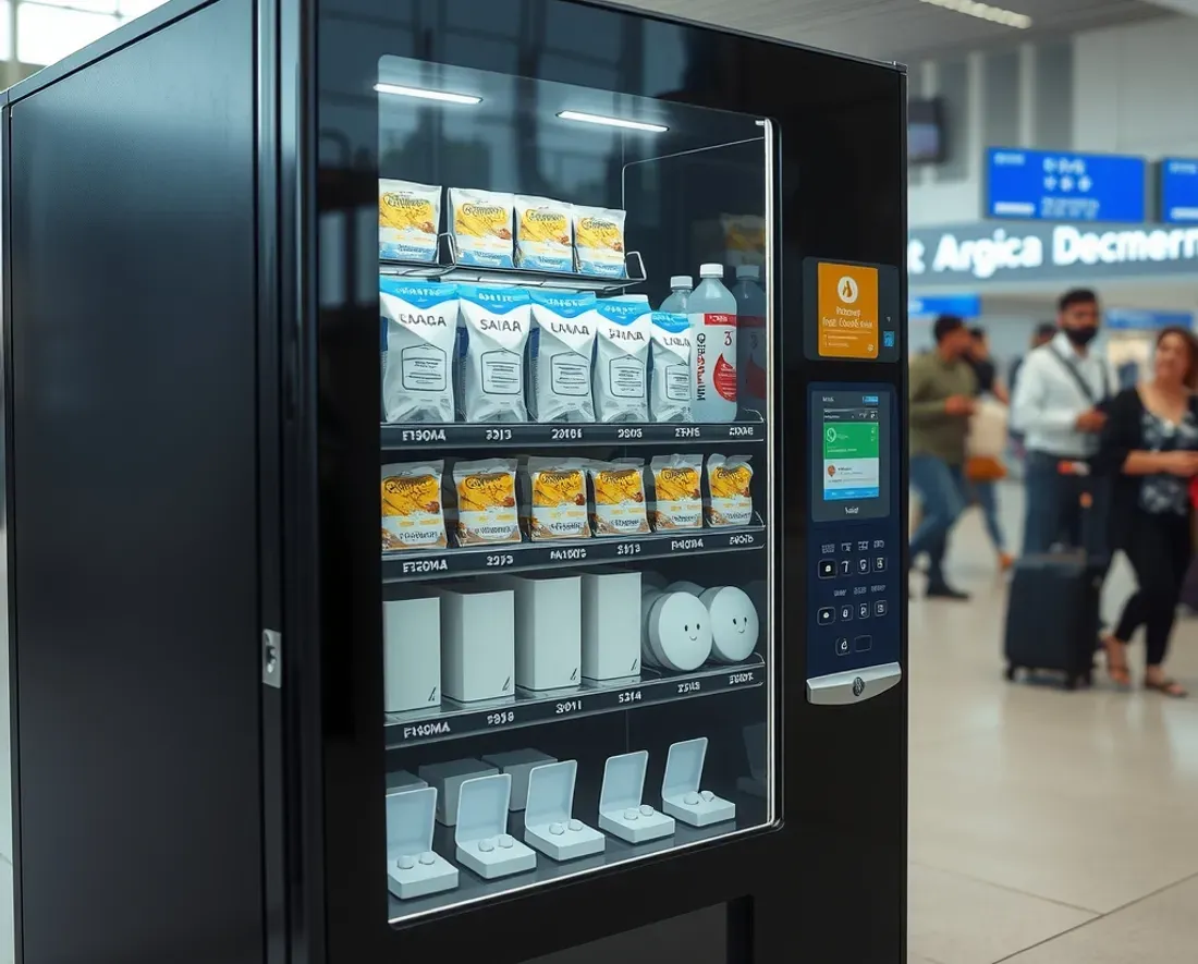 Travel essentials vending machine in an Indian travel hub stocked with snacks, drinks and boxed travel electronics