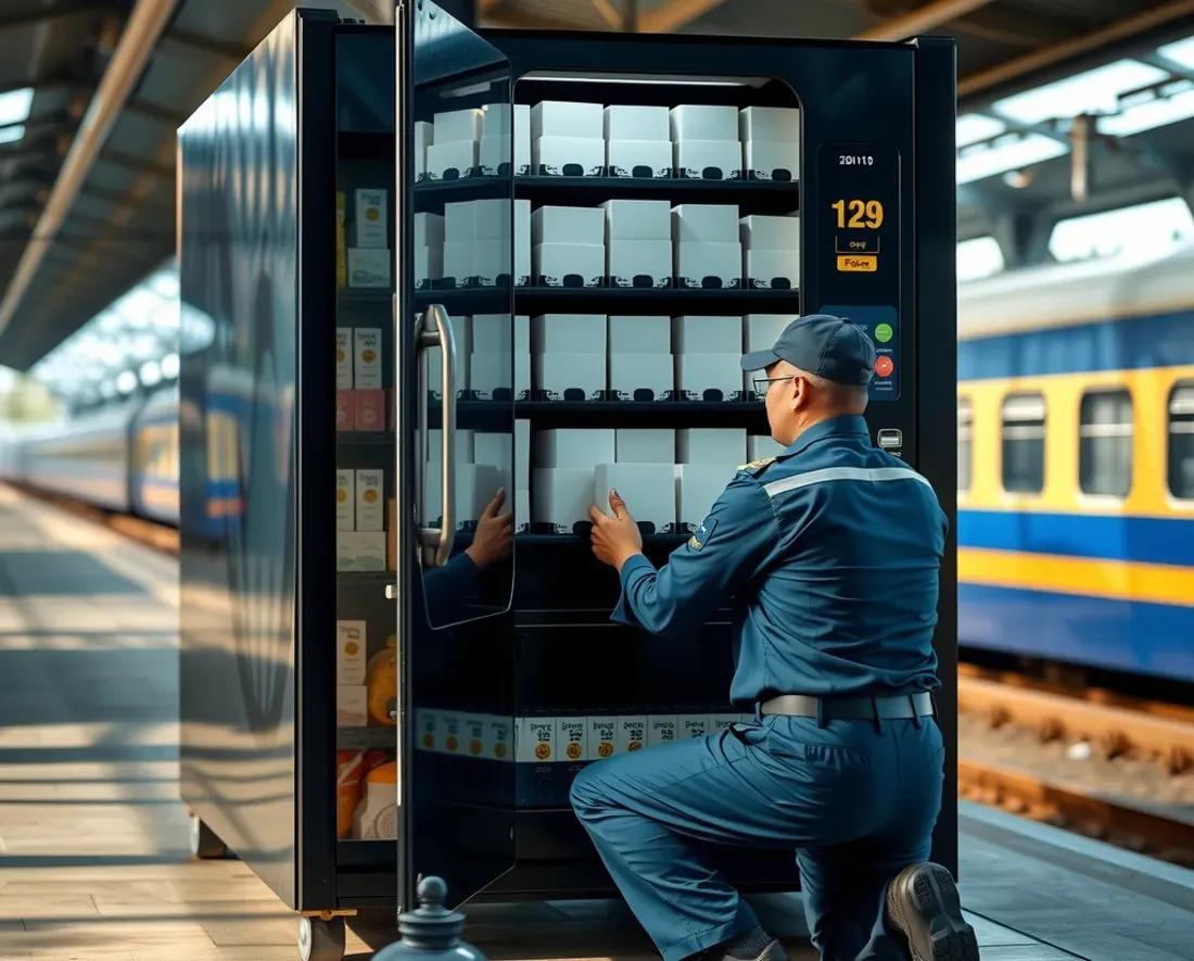 Technician restocking boxed items into a travel essentials vending machine on a railway station platform