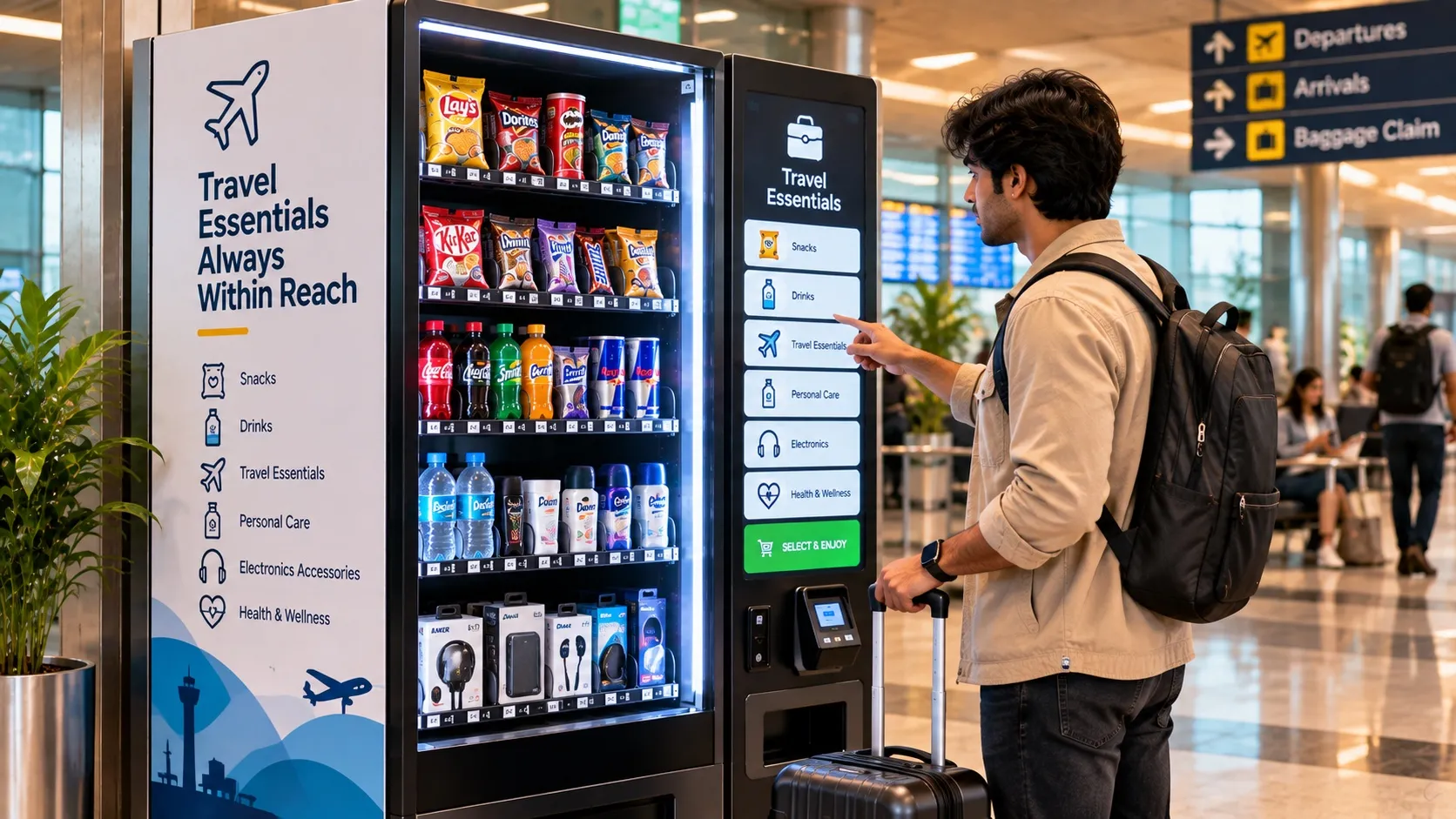 A traveller with luggage buys from a travel-essentials vending machine near airport departure signs.