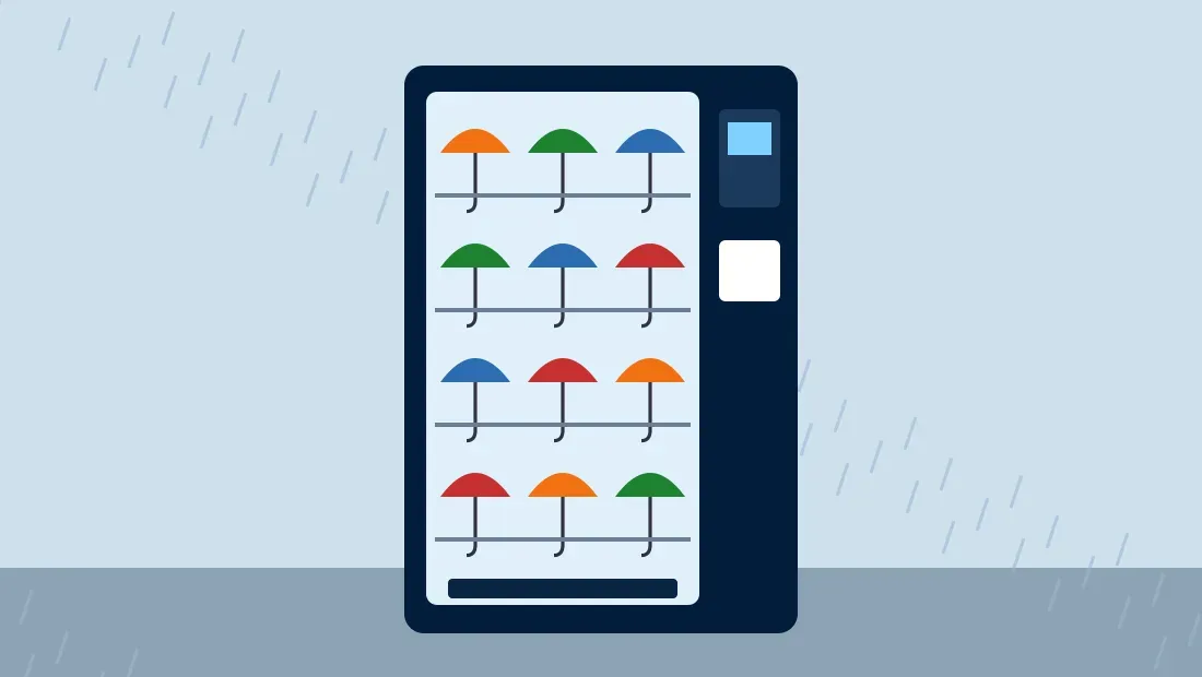 Illustration of an umbrella vending machine at a railway station entrance with folded umbrellas in its slots on a rainy day