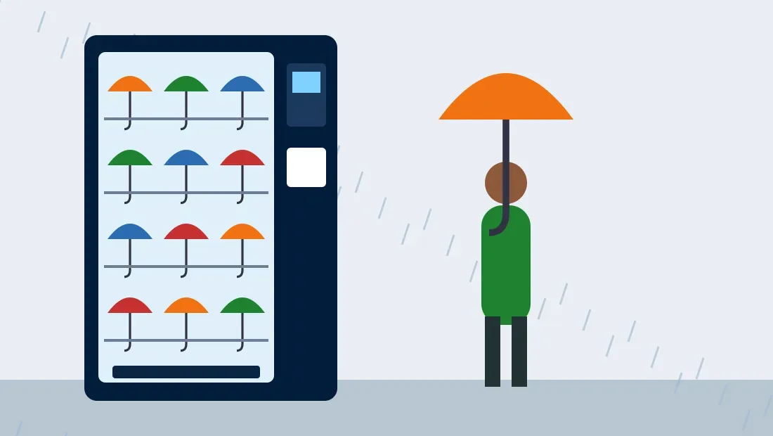 Illustration of a commuter buying a folded umbrella from a vending machine at a covered mall exit during monsoon rain