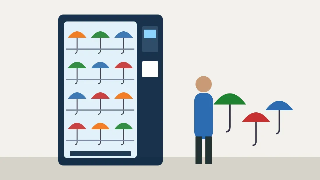 Illustration of a technician restocking folded umbrellas in an open umbrella vending machine inside an Indian office lobby