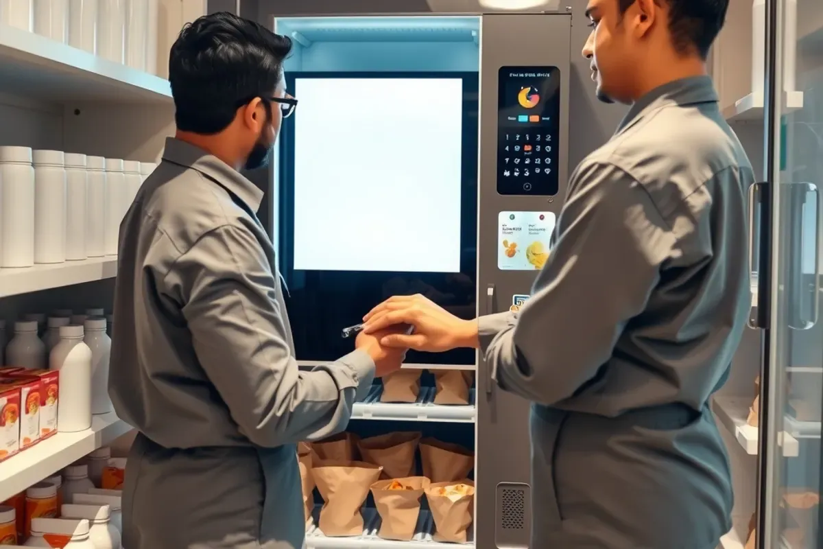 Technicians from a vending machine company installing a smart vending machine in an Indian office pantry