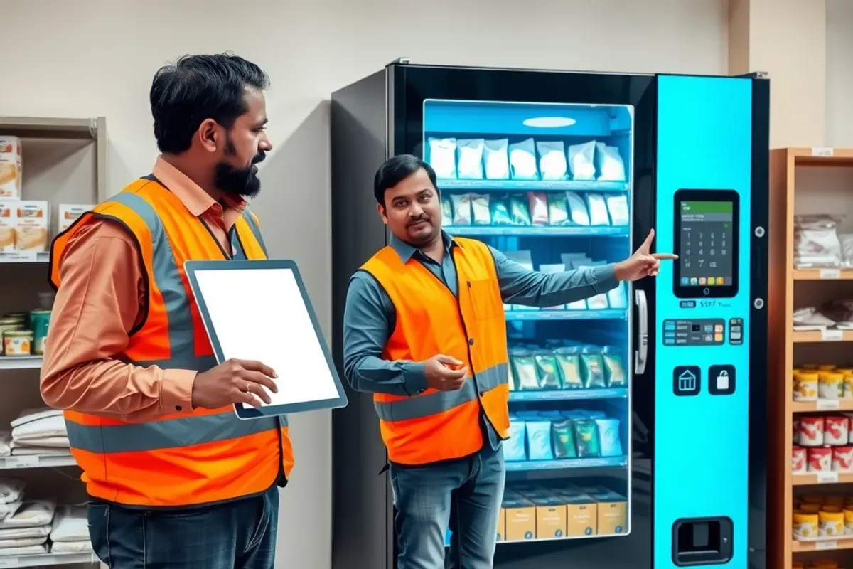 Factory supervisor and a vending machine company consultant reviewing a smart vending machine plan in an Indian canteen