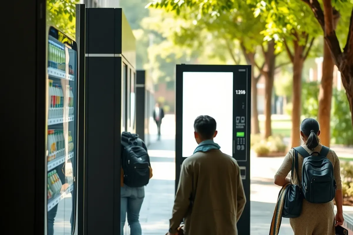 Students walking past a smart vending machine from a vending machine company on an Indian college campus