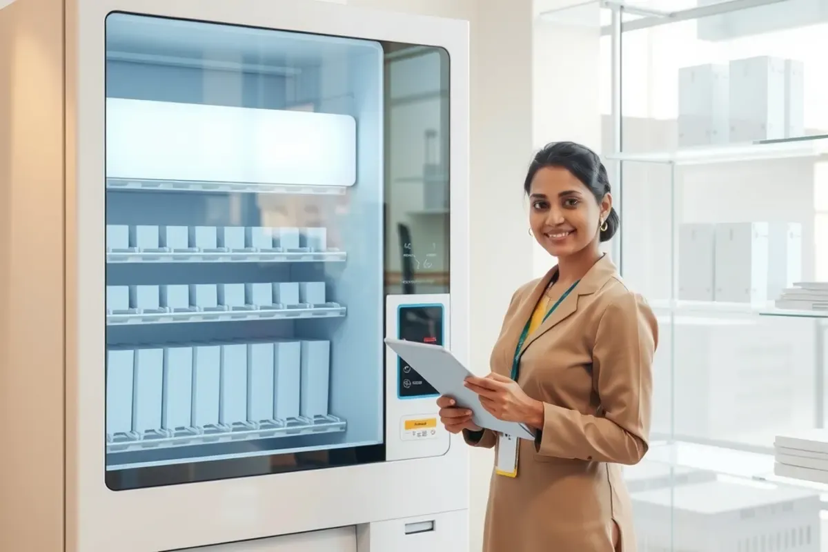 Facilities manager with a tablet next to a modern smart vending machine in an Indian office lobby, planning answers to a vending machine FAQ