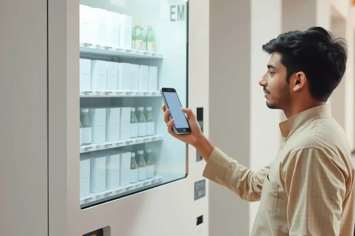 Young Indian student paying by phone at a modern vending machine in a college hallway, a common topic in any vending machine FAQ