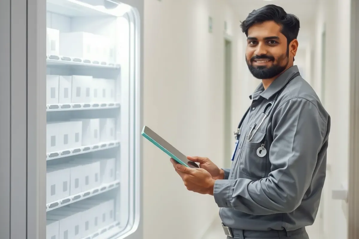 Indian service technician with a tablet checking a restocked smart vending machine in a hospital corridor, answering a vending machine FAQ on refills