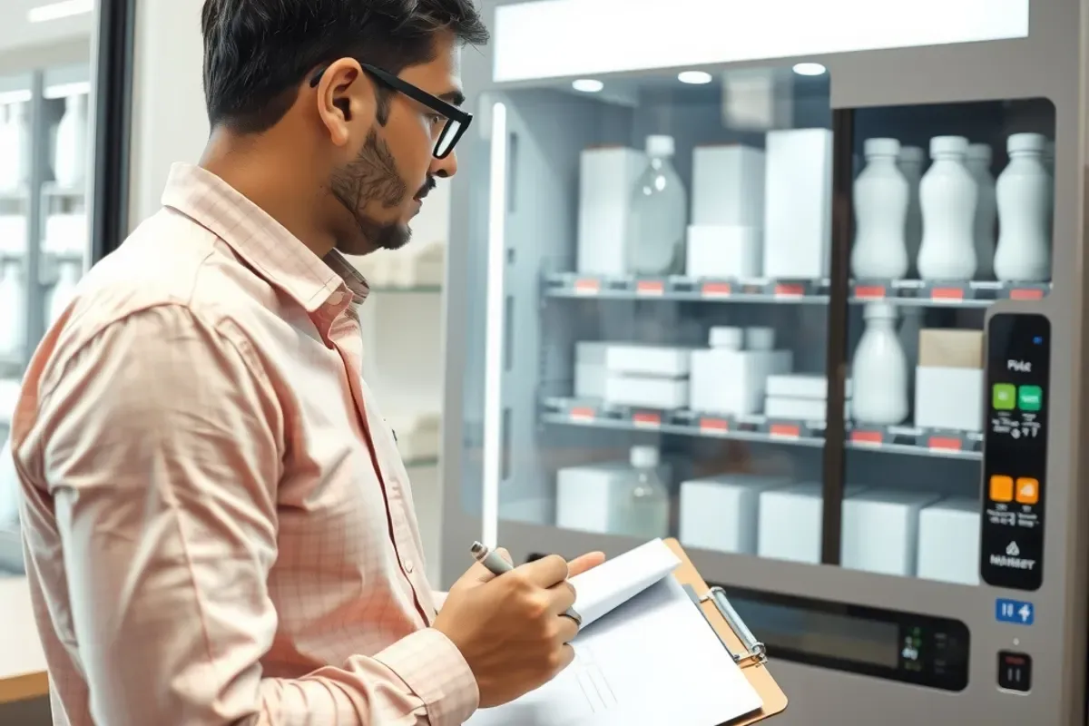 Office manager noting needs for a vending machine finder beside a smart vending machine in an Indian office pantry