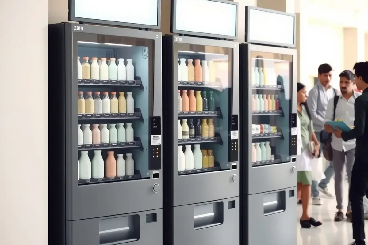 Three modern vending machines on a vending machine finder shortlist standing in an Indian college corridor