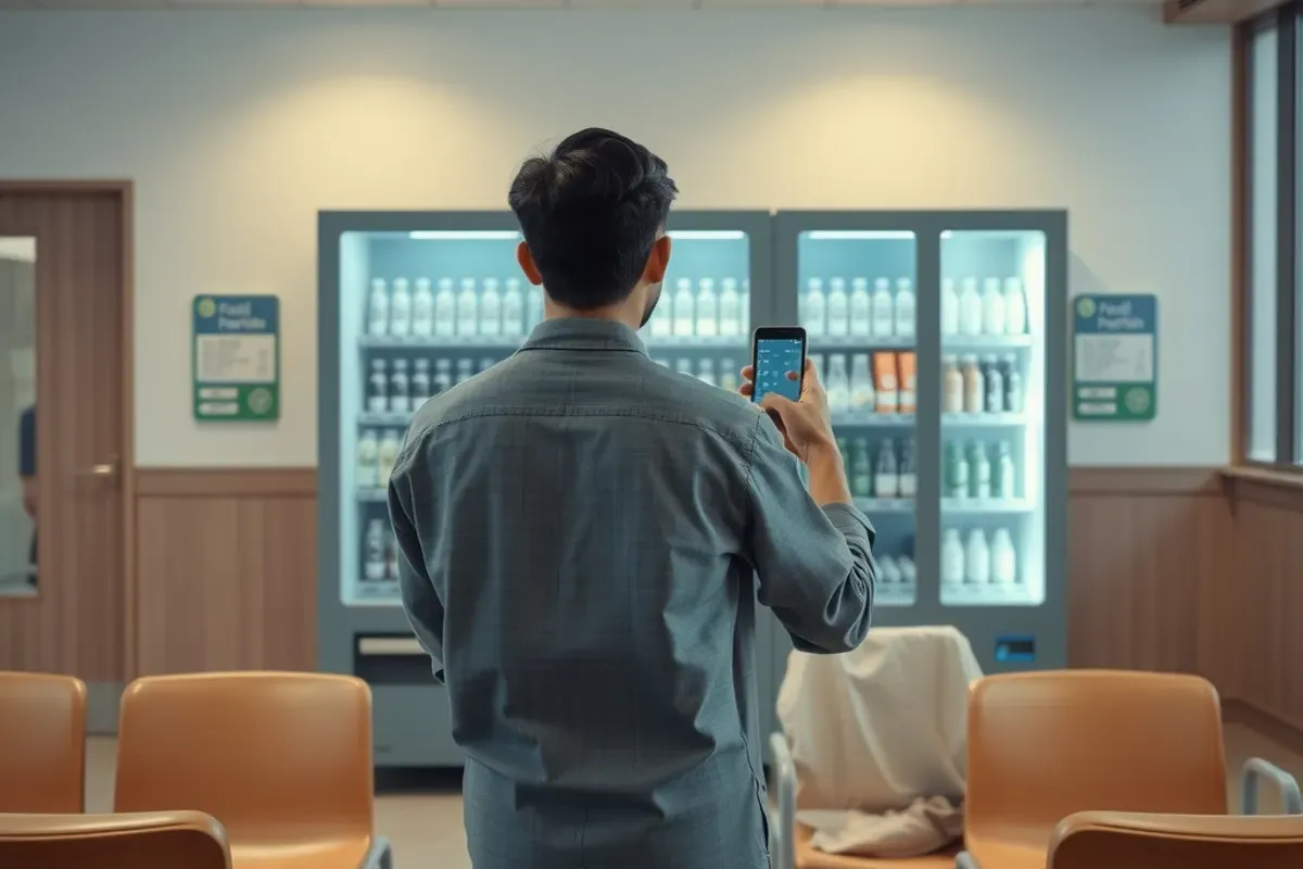 Visitor paying by phone at a smart vending machine in an Indian hospital waiting area