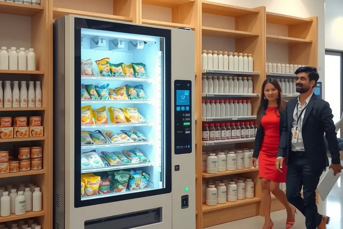 Smart vending machine in India beside storage shelves in a bright office break area