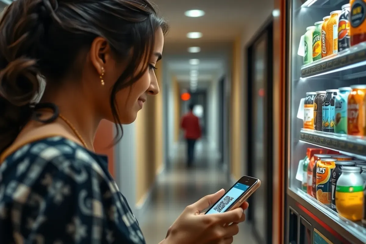 Customer paying at a UPI vending machine with a smartphone on a college campus in India