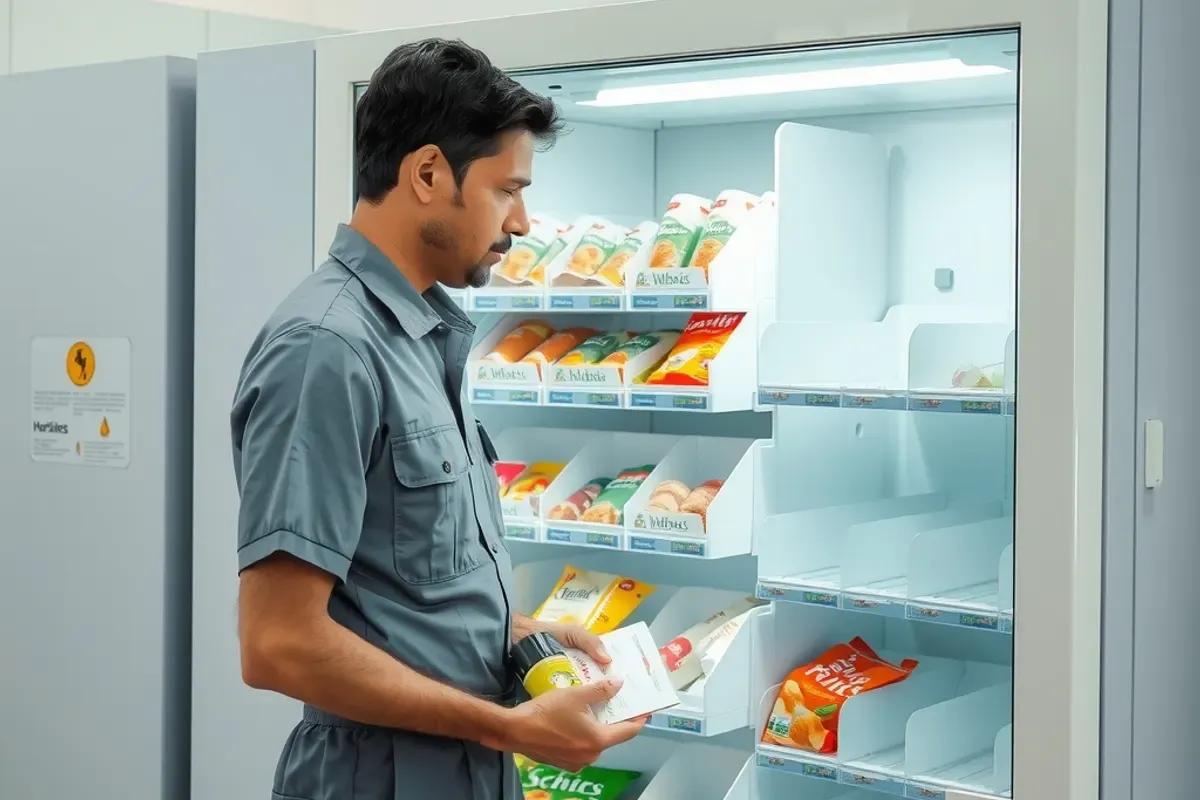 Technician restocking an automatic vending machine with packaged snacks