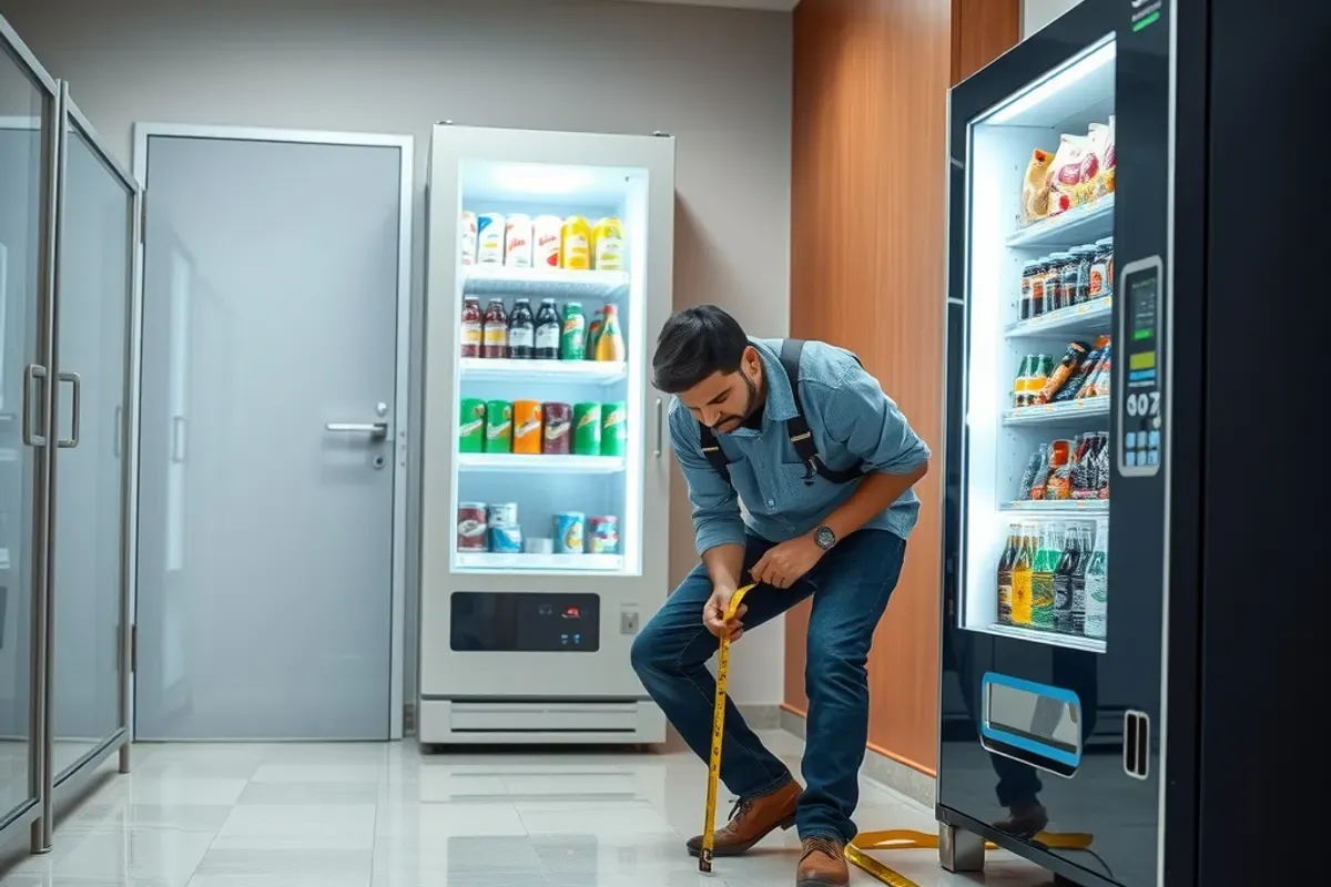 Facilities manager measuring floor space next to a smart vending machine in an Indian office pantry before requesting a vending machine quote
