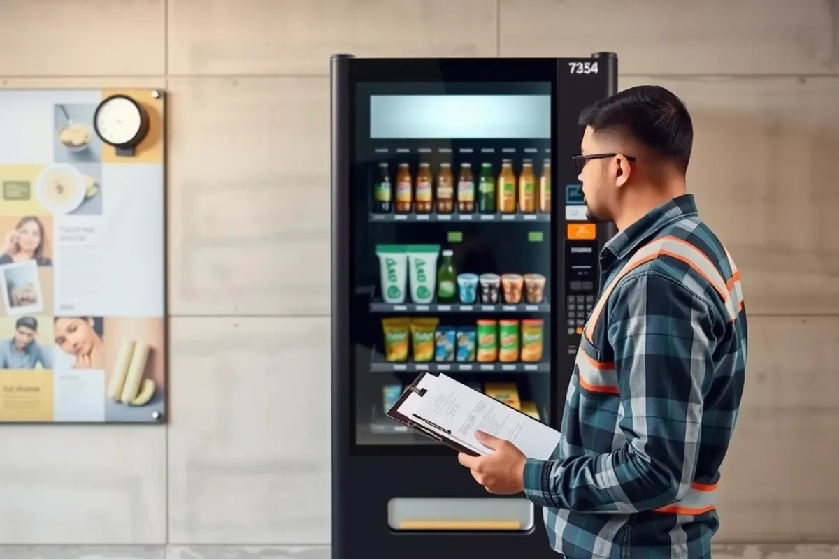 Site engineer with a clipboard reviewing a modern vending machine in an Indian factory canteen during a vending machine site survey