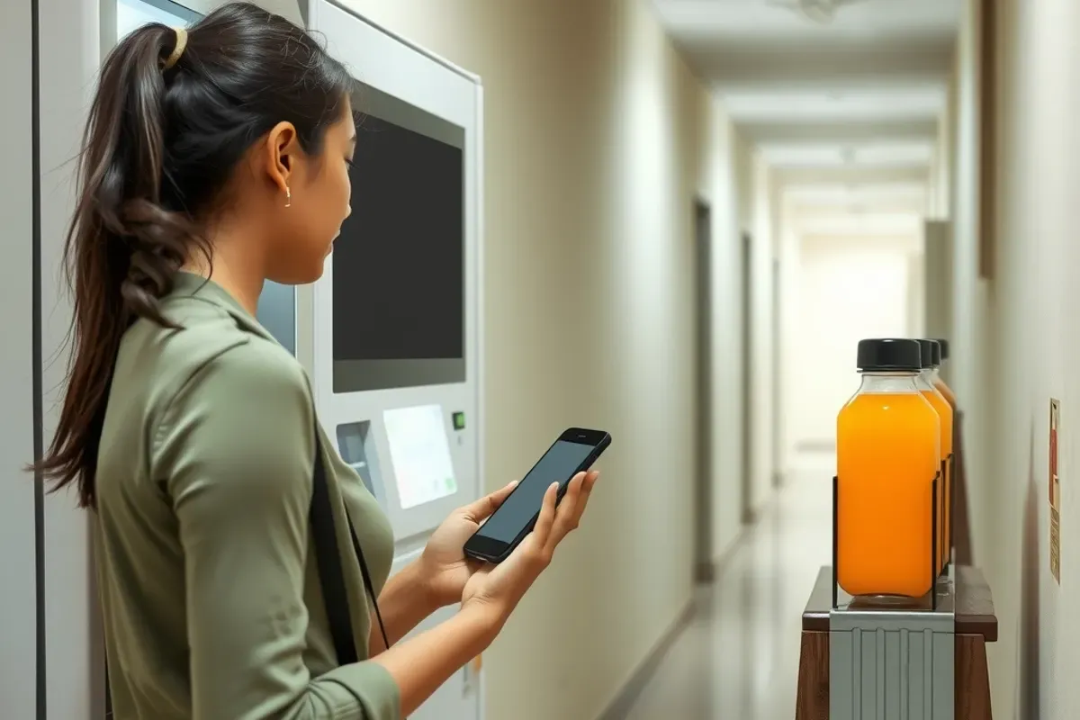 Student paying with a smartphone at a touchscreen vending machine in an Indian college corridor