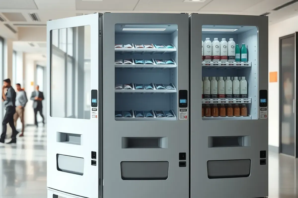 Snack and cold drink vending machine types side by side in a bright Indian office lobby