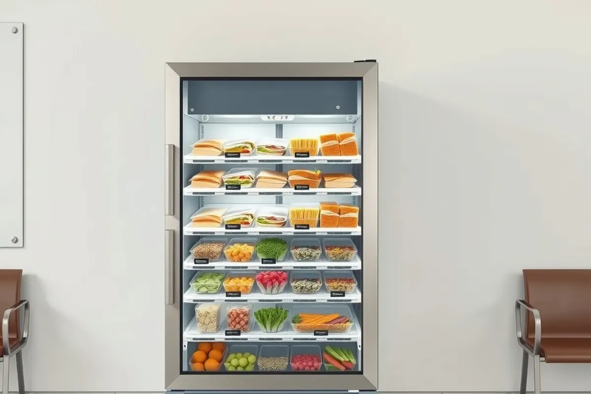 Fresh food vending machine types with sandwiches and salads in an Indian hospital waiting area
