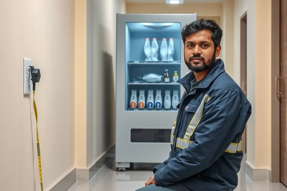 Facility manager checking the power socket and floor space before installing new vending machine types