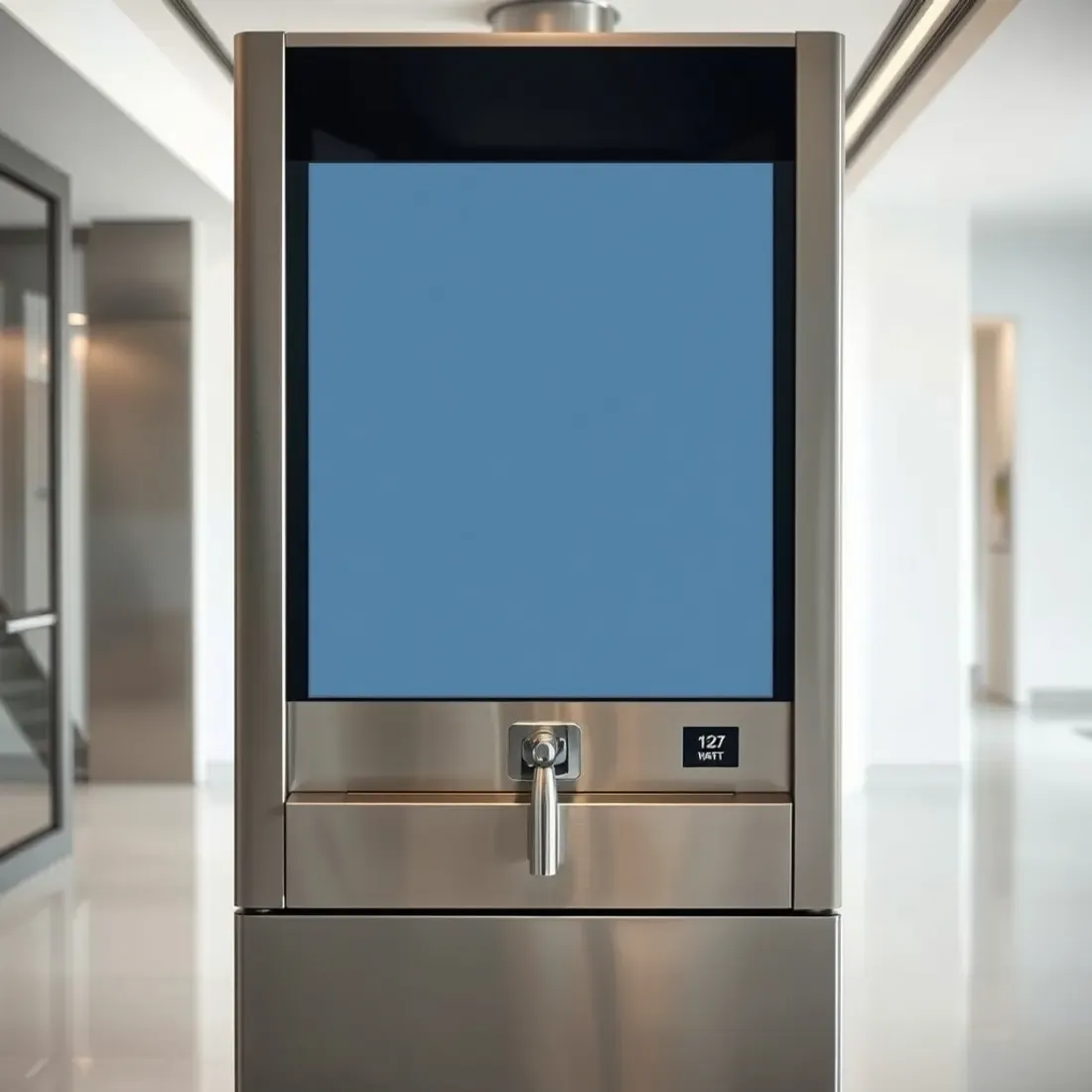 Modern water vending machine with a chrome nozzle and blank display panel standing in a bright residential lobby in India