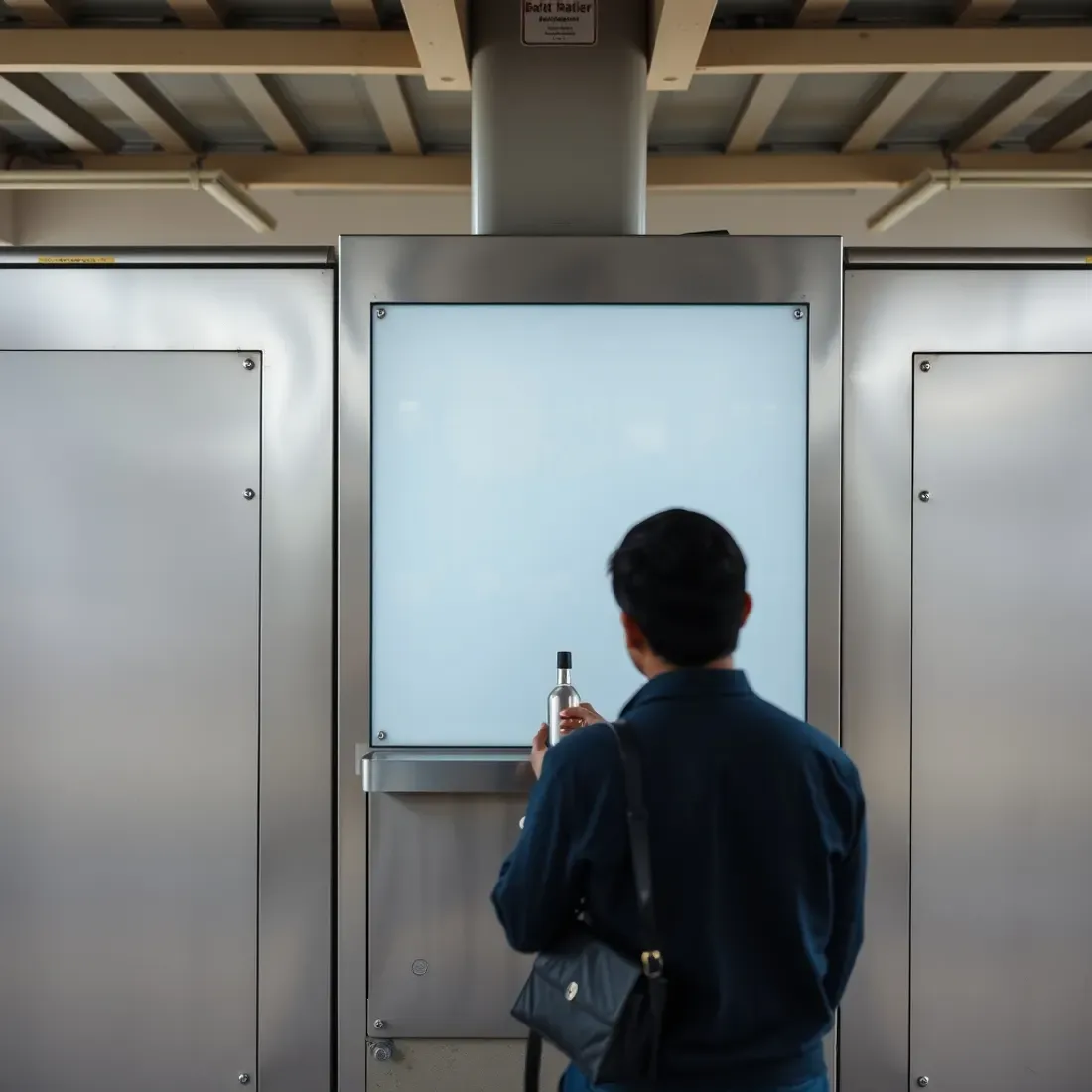 Traveller refilling a steel tumbler at a plain stainless steel water vending machine on an Indian railway station platform
