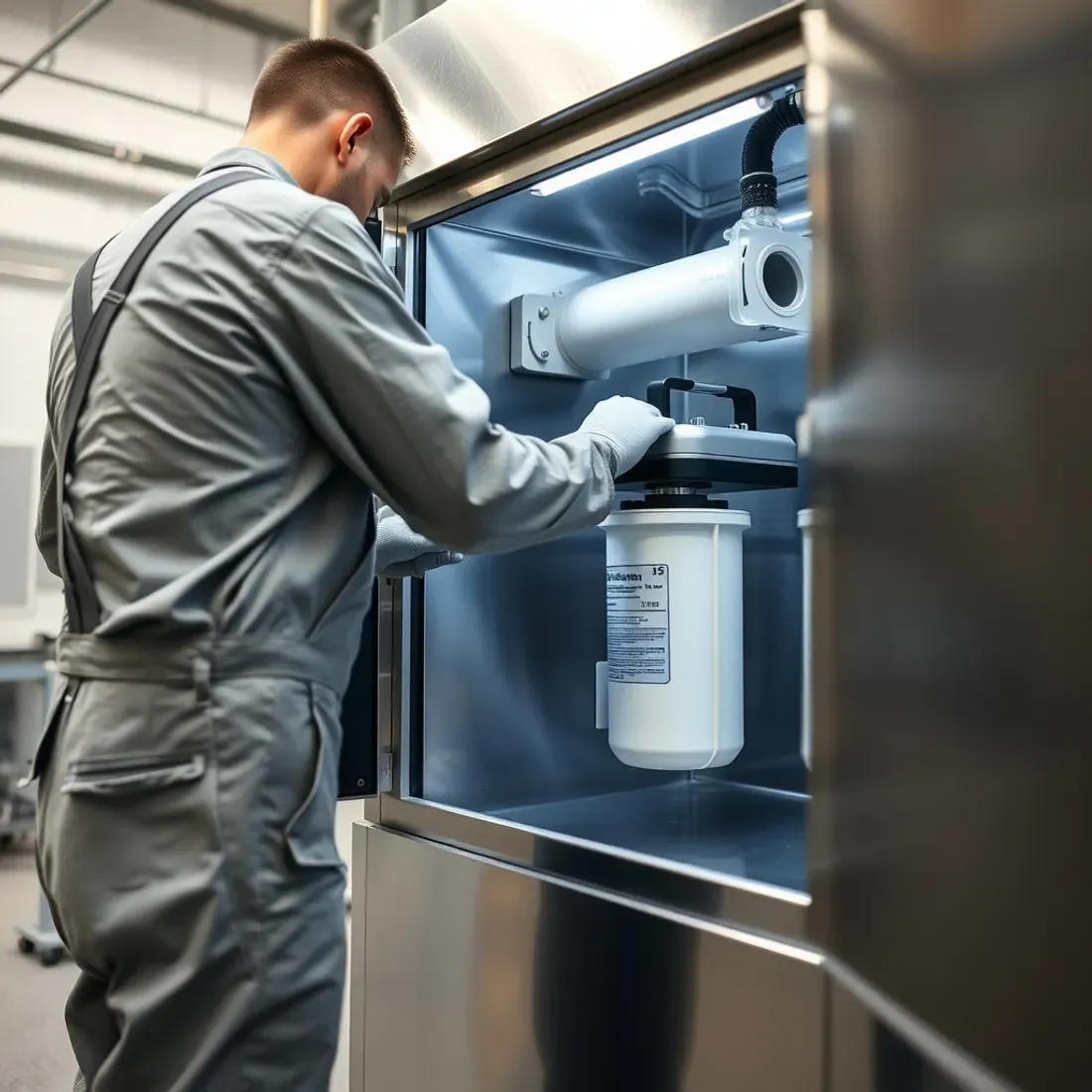 Technician replacing a filter cartridge inside an open stainless steel water vending machine at an Indian industrial facility